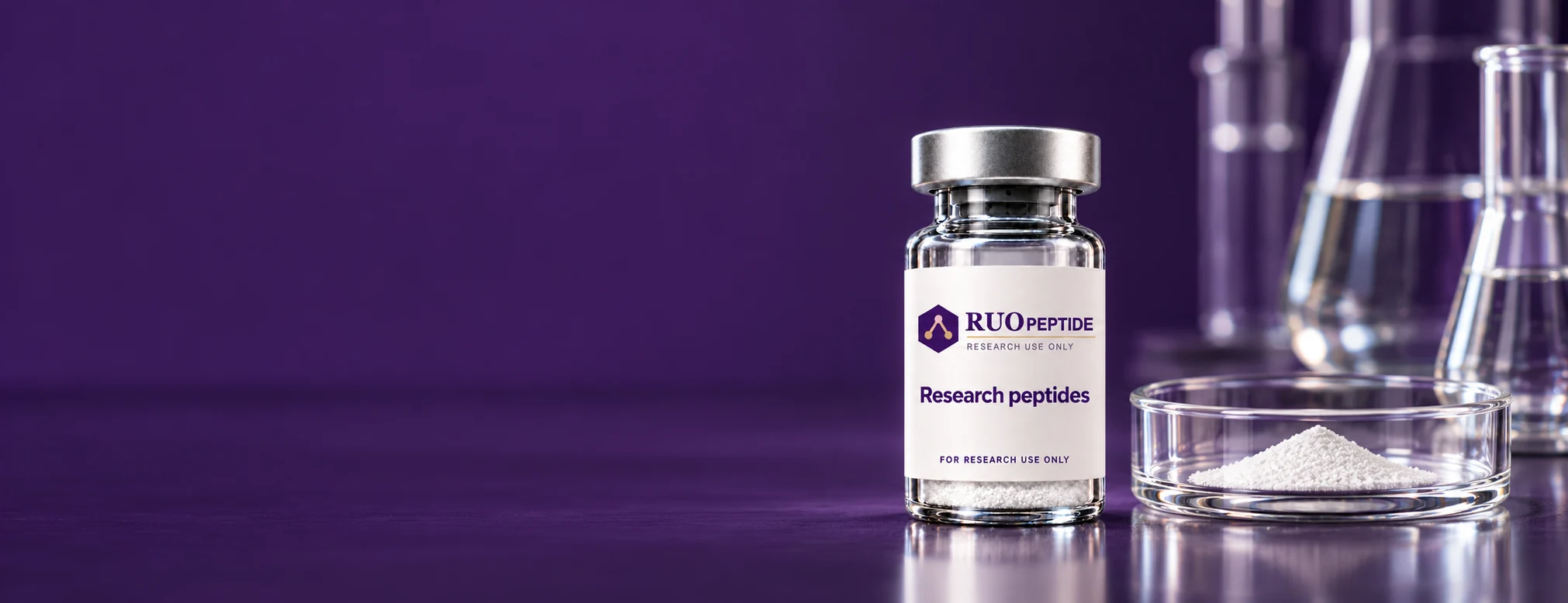RUO Peptide research vial with laboratory glassware