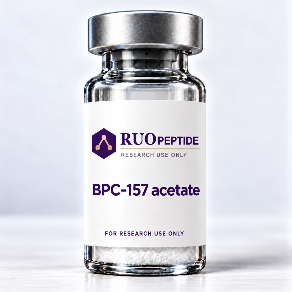 BPC-157 acetate with RUO Peptide branding. For research use only.