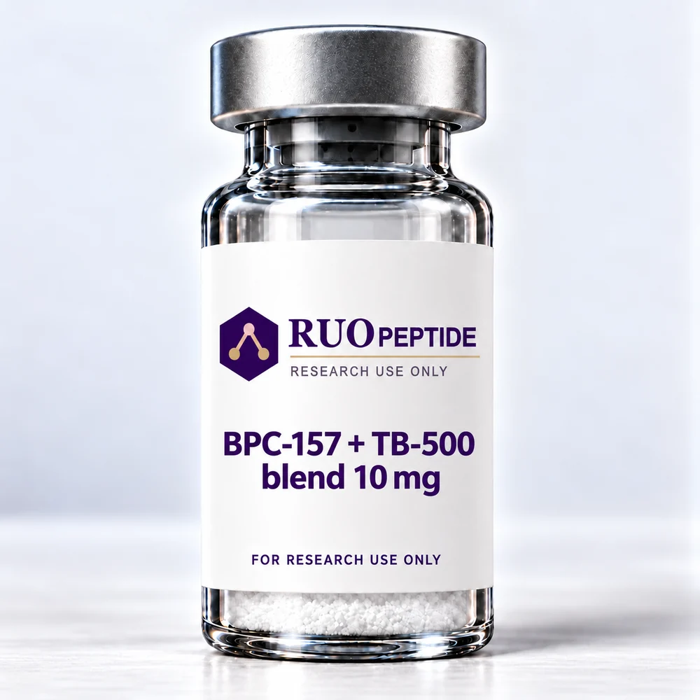 BPC-157 + TB-500 blend 10 mg packaging illustration. For research use only.