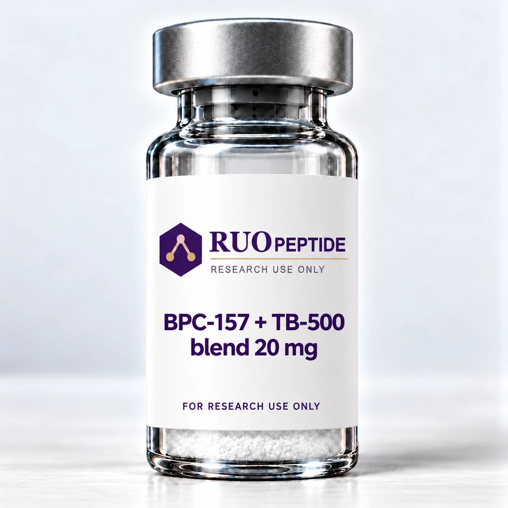BPC-157 + TB-500 blend 20 mg packaging illustration. For research use only.