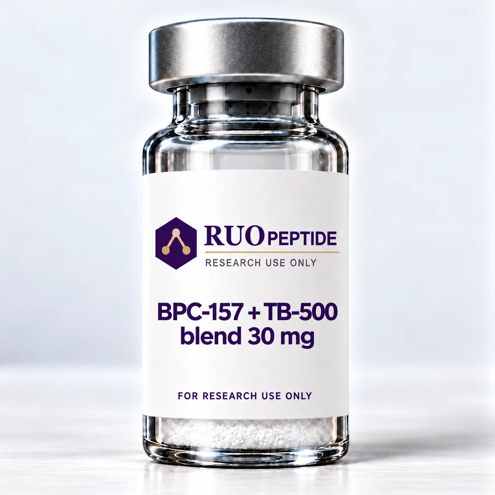 BPC-157 + TB-500 blend 30 mg packaging illustration. For research use only.