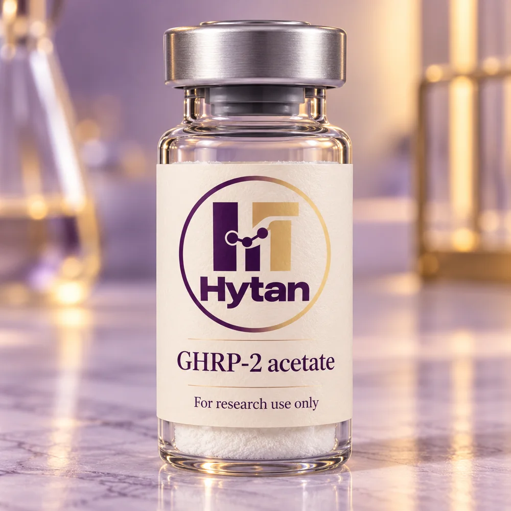 GHRP-2 acetate packaging illustration. For research use only.