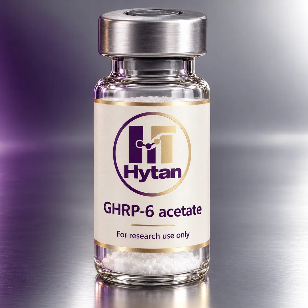 GHRP-6 acetate packaging illustration. For research use only.