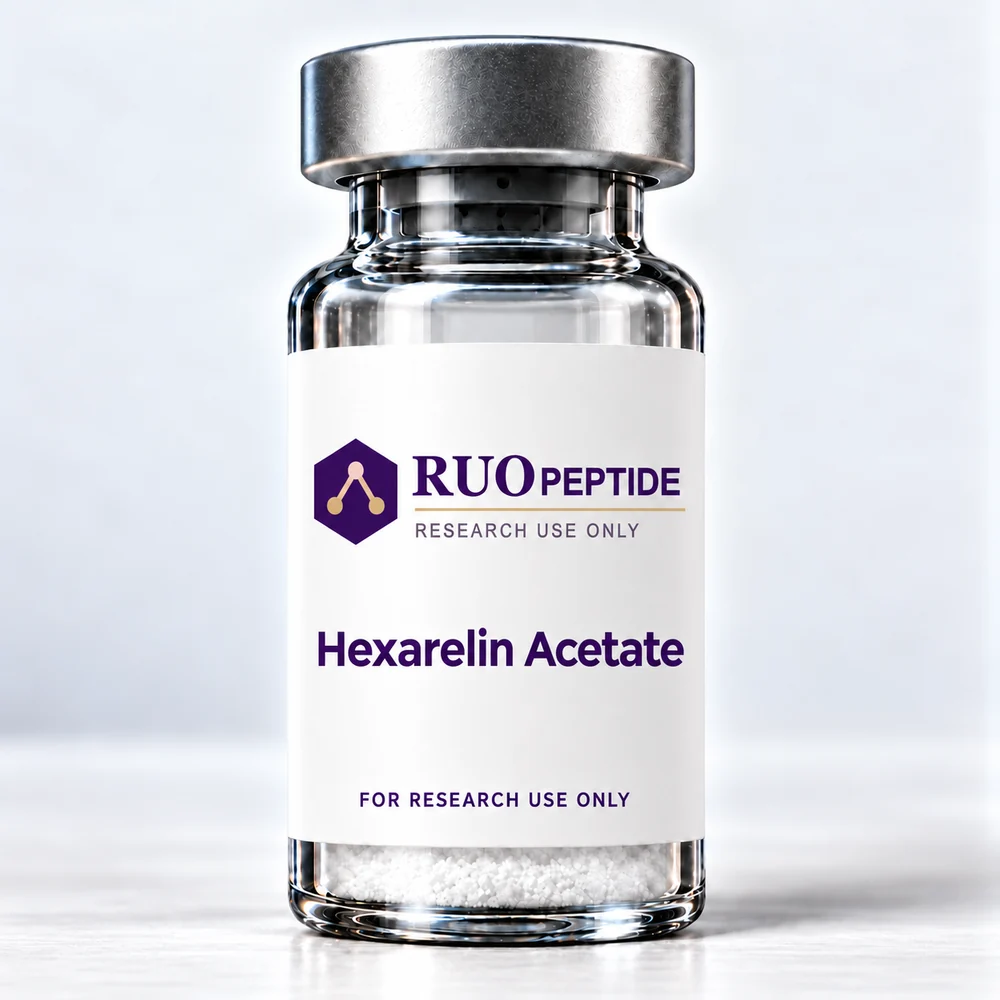 Hexarelin Acetate packaging illustration. For research use only.