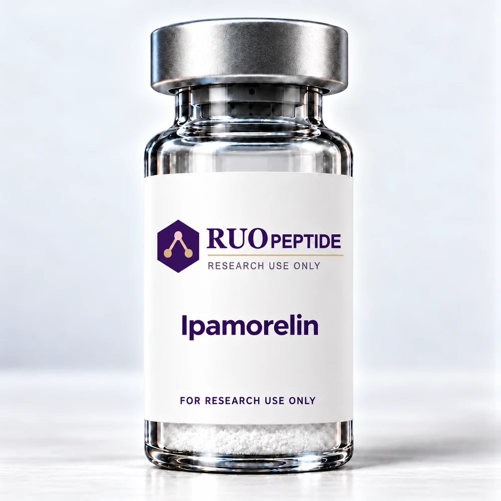 Ipamorelin with RUO Peptide branding. For research use only.