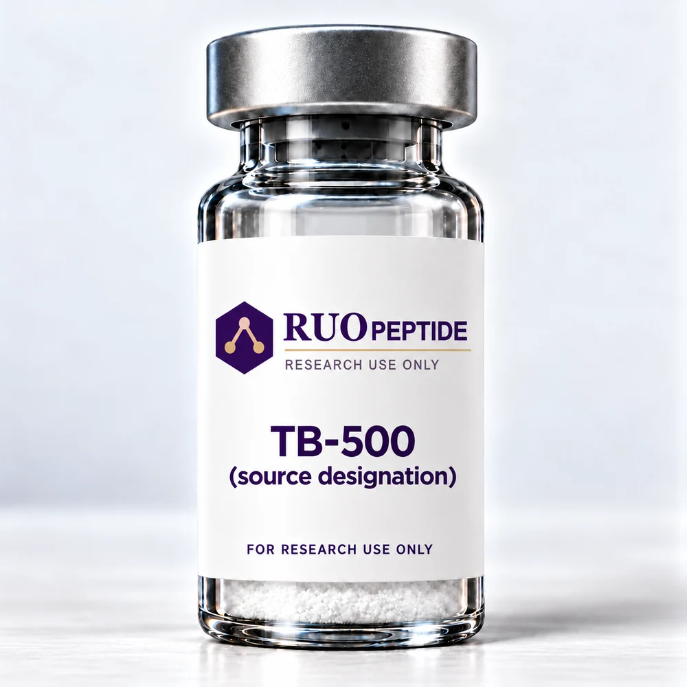 TB-500 (source designation) with RUO Peptide branding. For research use only.